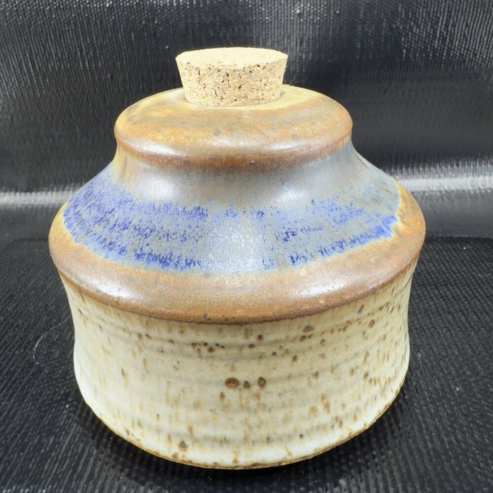 Hand‎ Made Stoneware Pottery Container Bottle W Cork Lid Folk Art Artist Signed